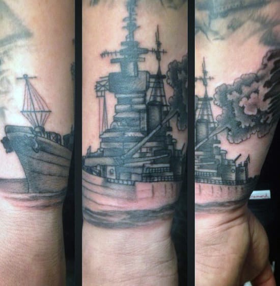 Navy Ship Firing Cannon Mens Wrist Tattoos