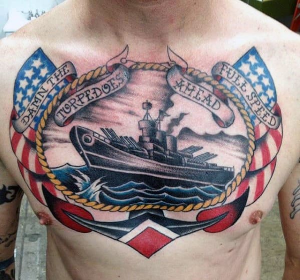 Navy Ship Guys Anchor Chest Tattoo With Traditional Design