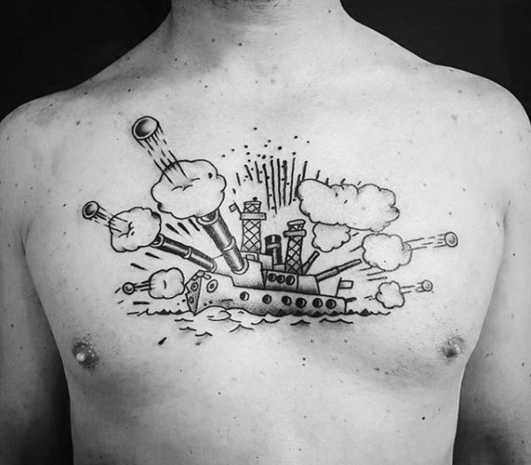 Navy Ship Popeye Black Ink Outline Guys Chest Tattoos