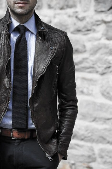Navy Tie With Light Blue Dress Shirt Male Style How To Wear A Leather Jacket Brown Leather Jacket Outfits