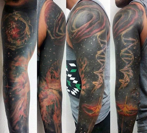 A four-panel view of a colorful nebula tattoo sleeve, featuring stars, a DNA helix, and cosmic patterns