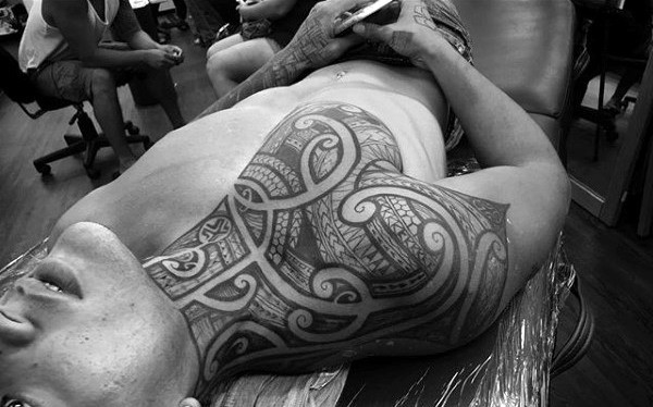 Neck And Chest Guys Polynesian Tribal Tattoos