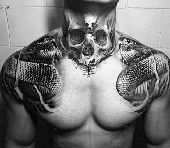 Dark and intense chest and neck tattoo featuring a skull and two cobras, symbolizing death, danger, protection, and fearless power.