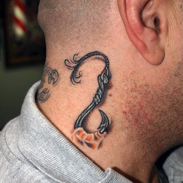 Neck Fish Hook Tattoo Design For Guys