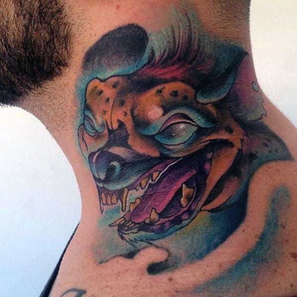 Colorful neo-traditional hyena tattoo on the neck with exaggerated features, closed eyes, and vivid blue, purple, and orange shading for a surreal look.