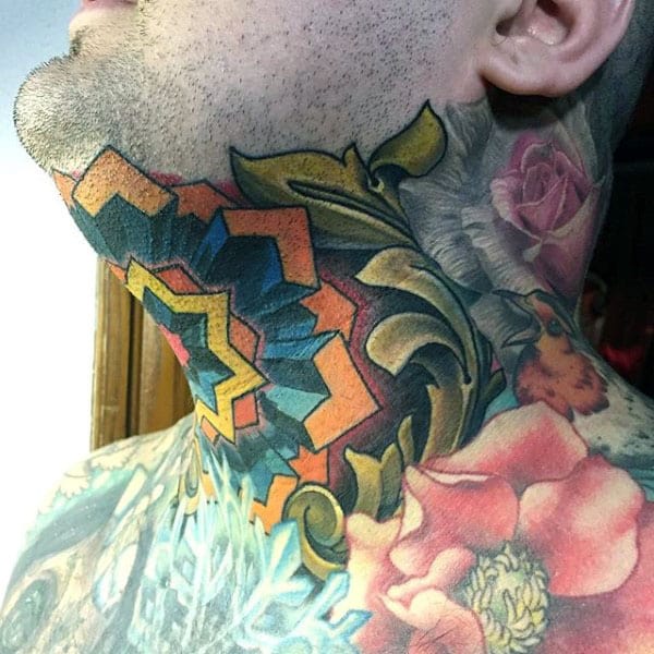 Neck Optical Illusion Male Tattoo Colorful
