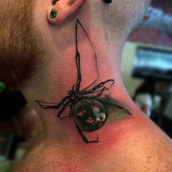 Neck Realistic Spider Tattoo Male