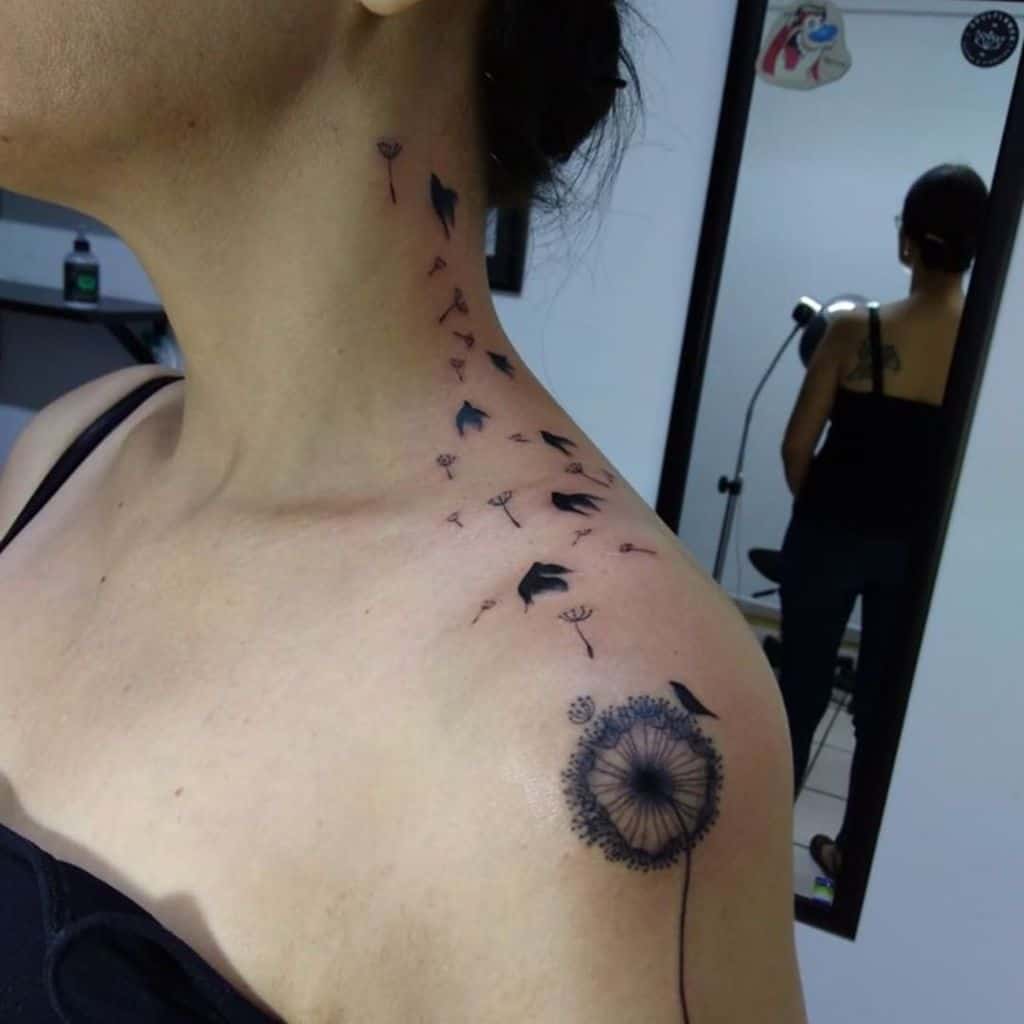 This tattoo features a dandelion with seeds drifting away, transforming into birds. It symbolizes freedom and the beauty of transformation.