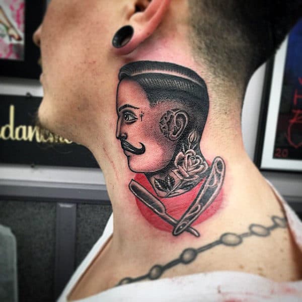 Neck Tattoo Of Barber In Black And Red Ink For Men