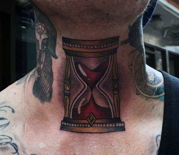 Neck Tattoo Of Gold Hourglass With Red Sand For Men