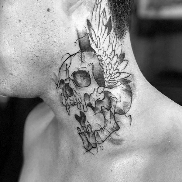 Neck Watercolor Skull Tattoo Designs For Guys