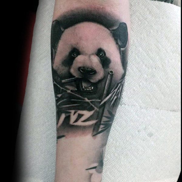 Negative Space Bamboo Leaves Mens Panda Forearm Tattoos