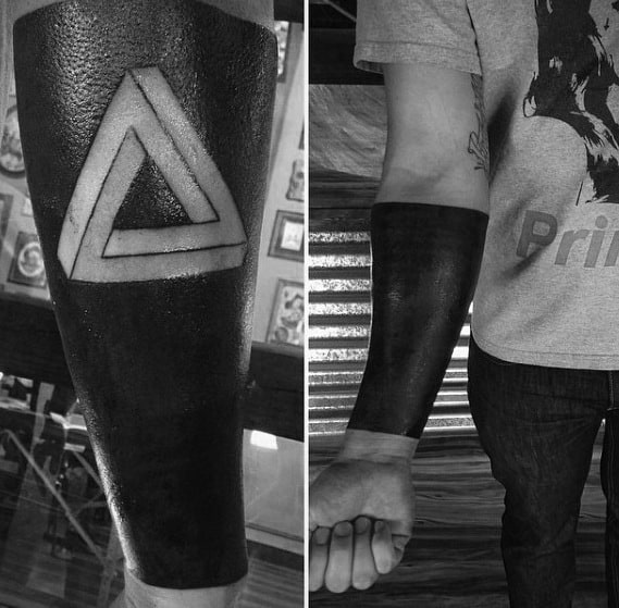 Negative Space Blackwork Forearm Sleeve Masculine Penrose Triangle Tattoos For Men