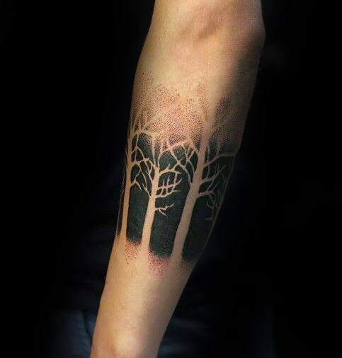Negative Space Blackwork Guys Simple Tree Forearm Band Tattoo