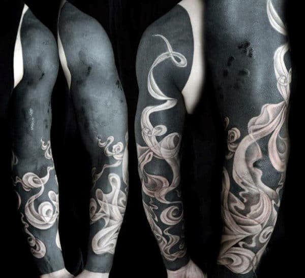 Negative Space Blackwork Mens Smoke Tattoo Full Sleeve