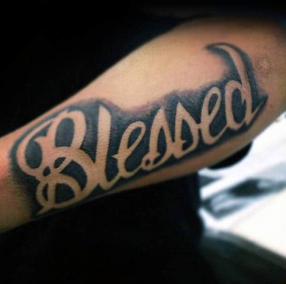 Negative Space Blessed Black Ink Guys Forearm Tattoo