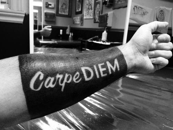 Negative Space Carpe Diem Mens Forearm Sleeve Tattoos