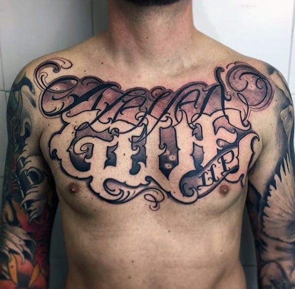 Negative Space Chest Never Give Up Male Tattoos