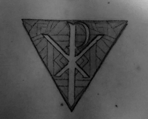 Negative Space Chi Rho Triangle Male Back Tattoos