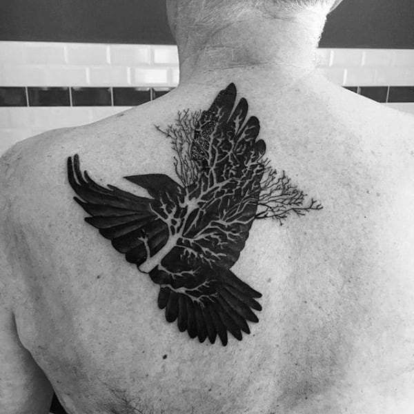 Negative Space Crow Tree Mens Back Tattoo