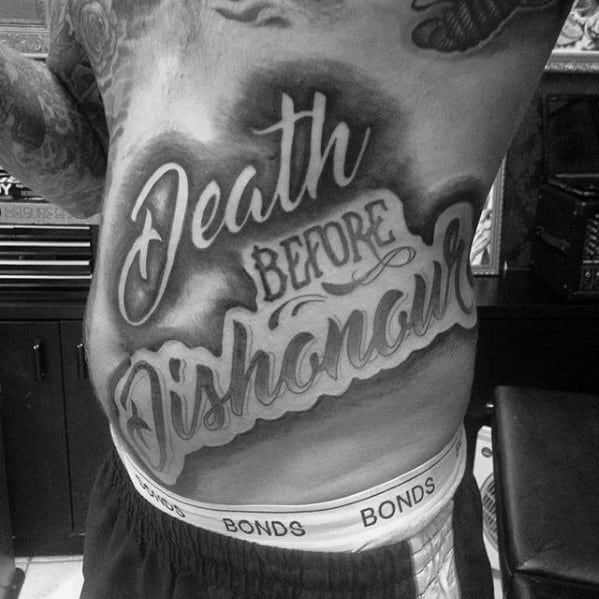 Negative Space Death Before Dishonor Script Mens Rib Cage Side Tattoo