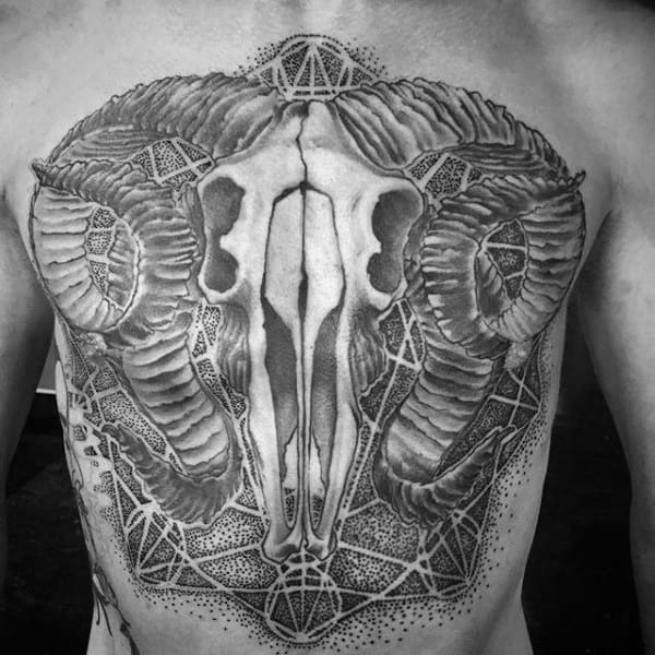 Negative Space Dotwork Goat Skull Mens Full Chest Tattoos