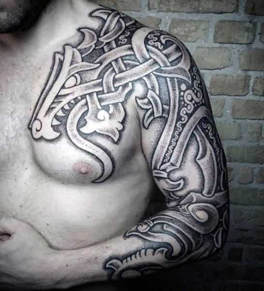 Negative Space Dotwork Mens Celtic Tribal Dragon Shoulder Tattoos
