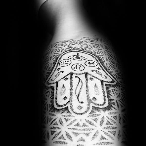 Negative Space Dotwork Mens Flower Of Life Hamsa Sleeve Tattoos