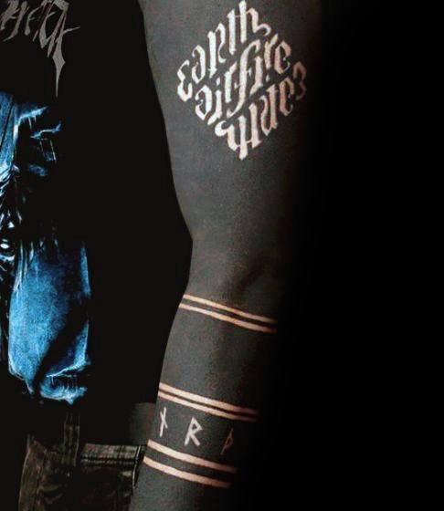 Negative Space Earth Wind Fire Text Guys All Black Sleeve Tattoos