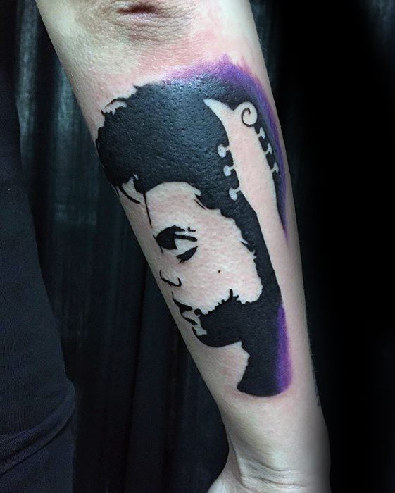 A minimalist black and purple silhouette tattoo of Prince, highlighting his iconic profile and artistic flair