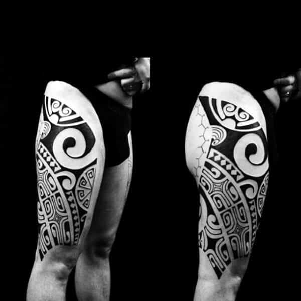 Negative Space Guys Thigh Tribal Black Ink Tattoos