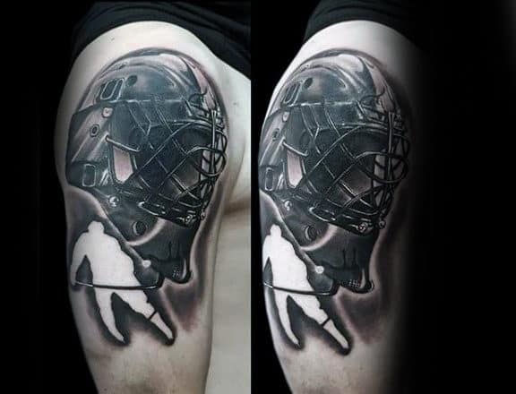 Negative Space Hockey Player With Mask Male Arm Tattoo Ideas
