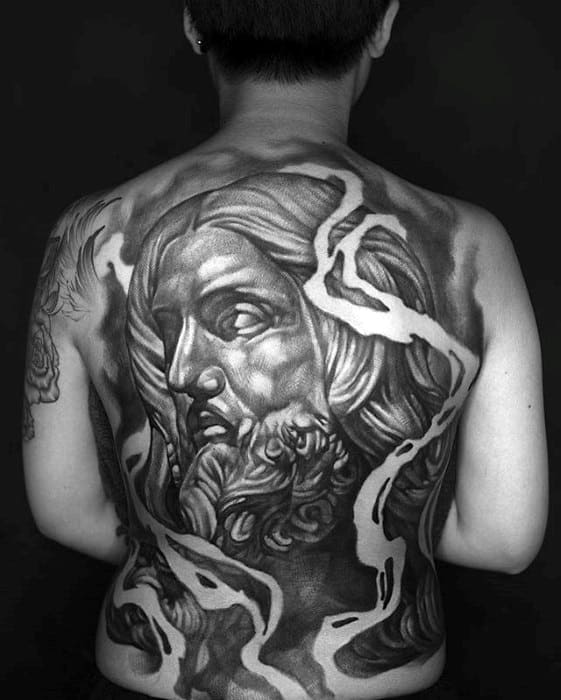 Person with a detailed Zeus tattoo covering their entire back