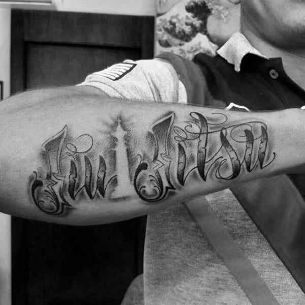 Negative Space King Chess Piece With Jiu Jitsu Words Mens Outer Forearm Tattoo