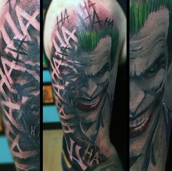 Negative Space Laughing Mens Joker Arm Tattoos