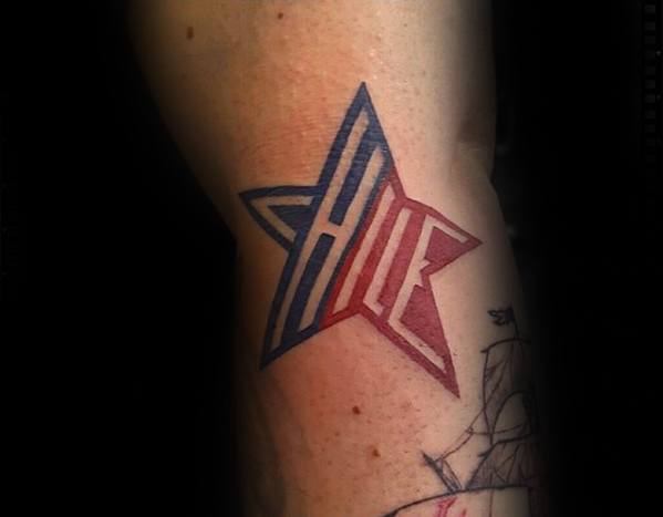 Negative Space Lettering Guys Red And Blue Simple Star Arm Tattoo