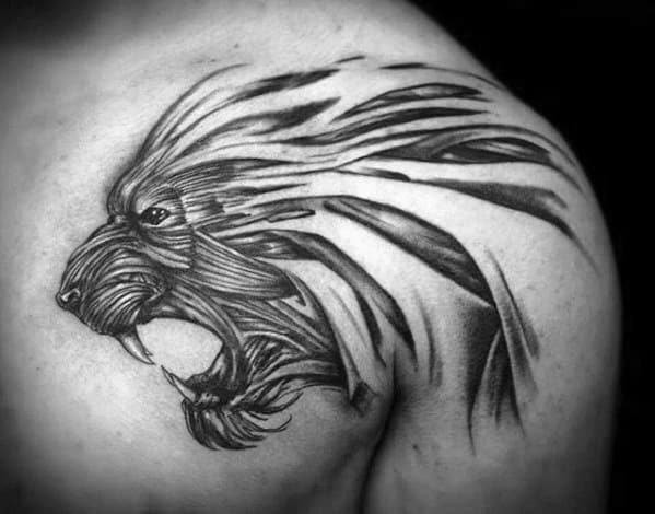 Negative Space Lion Male Shoulder Tattoo Ideas