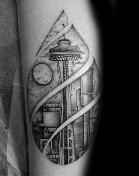 Negative Space Male Seattle Skyline Arm Tattoos