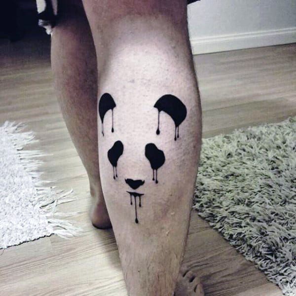 Negative Space Mens Dripping Paint Panda Leg Calf Tatoos