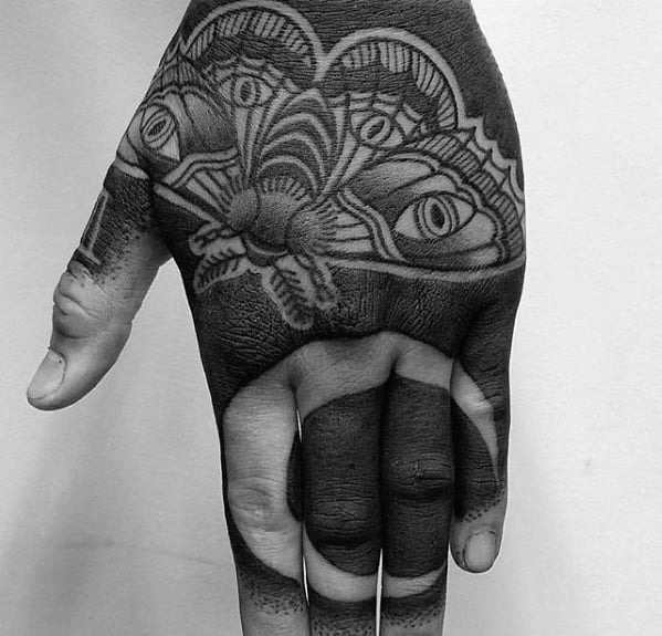 Negative Space Moon Moth Mens All Black Hand Tattoos