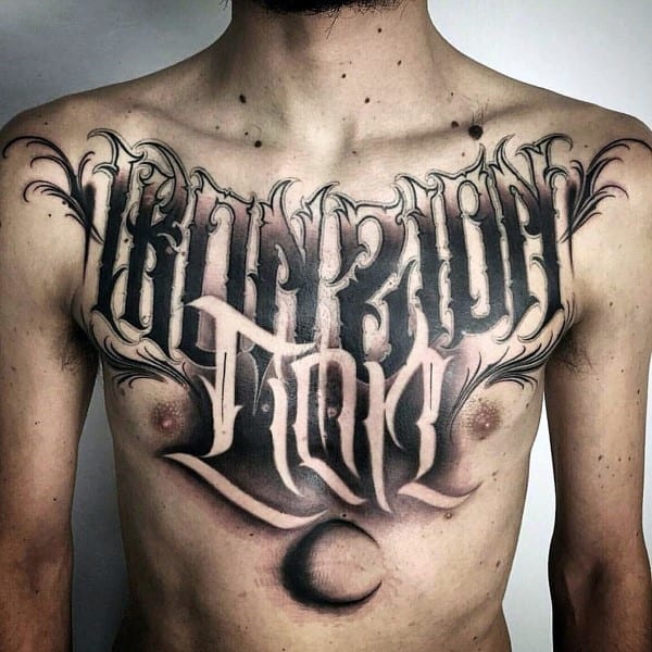 Negative Space Moon Script Mens Lettering Chest Tattoos