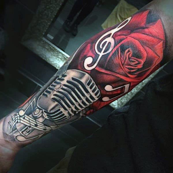 Negative Space Notes Mens Red Rose Flowers Mens Metallic Microphone Sleeve Tattoos