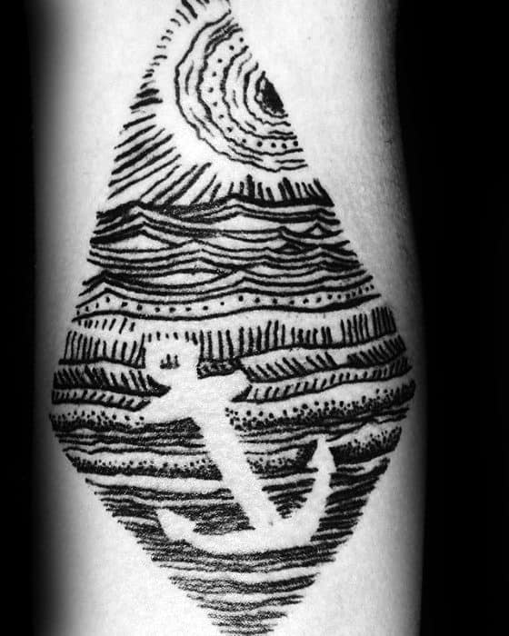 Abstract anchor tattoo within a teardrop-shaped ocean scene, featuring bold black lines and a hand-drawn texture, symbolizing strength and the sea.