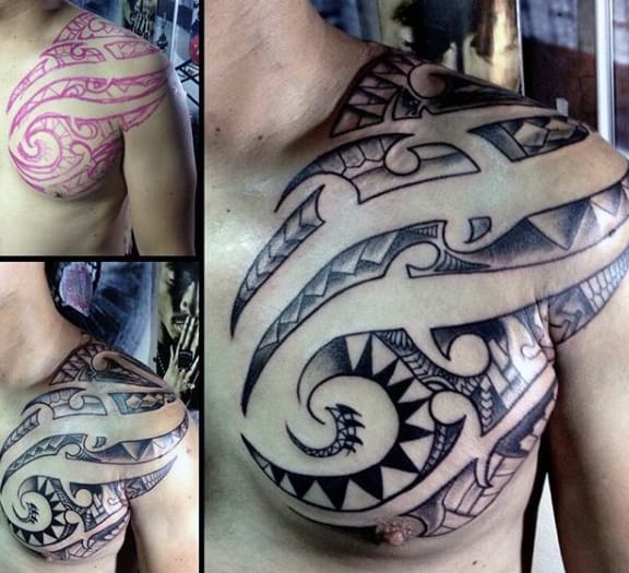 Negative Space Polynesian Chest Male Tattoo Ideas