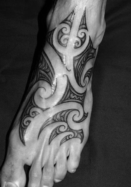Negative Space Polynesian Foot Tattoos For Gentlemen