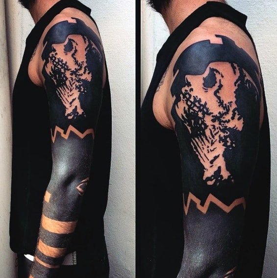 Negative Space Portrait Blackout Sleeve Tattoos Guys