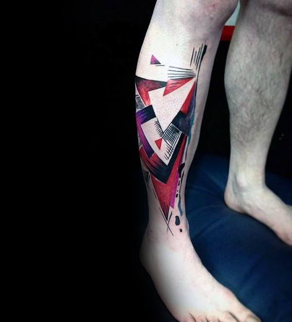 Negative Space Red And Black Ink Shapes Artsy Mens Leg Tattoos