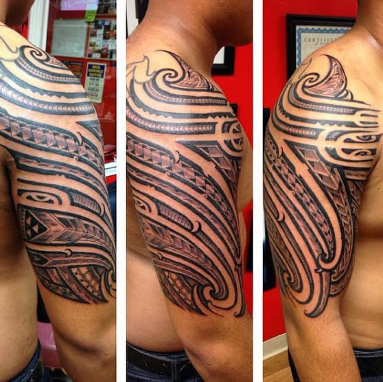 Negative Space Samoan Tribal Male Half Sleeve And Shoulder Tattoos