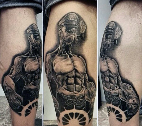 Negative Space Ship Wheel Popeye Mens Leg Calf Tattoo Ideas