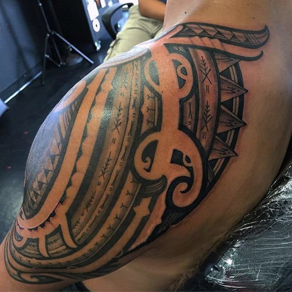 Negative Space Shoulder Tribal Mens Polynesian Tattoo Ideas